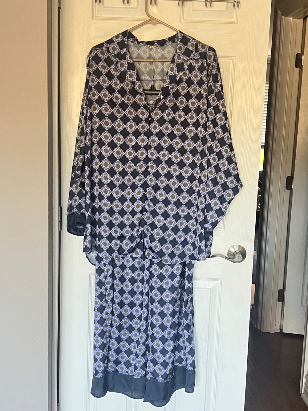 Intimately Free People Dreamy Days Pajama Set Navy Blue Satin Wide Leg